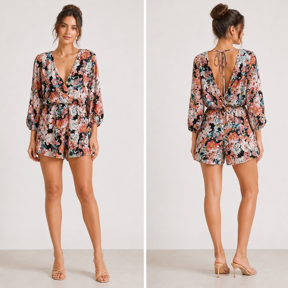 As U Wish pink white floral long sleeve shorts romper vneck size s small